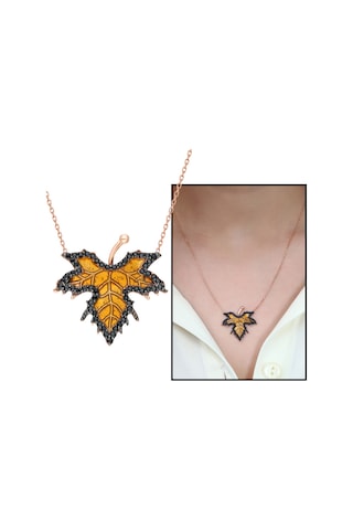Gümüş Çınar Yaprağı Rose Gold Renk Zirkon Taşlı Kadın Kolye 925 Ayar Gümüş