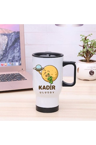 Kişiye Özel Kulplu Uzay Temalı Çelik Bardak Termos - 450mlt Beyaz