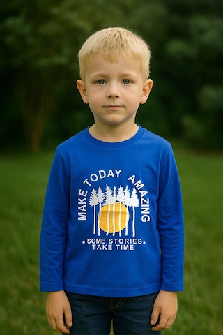 Erkek Çocuk %100 Pamuk Baskılı Uzun Kollu Tişört - Saks 3-4 Yaş 8-9 Yaş Saks