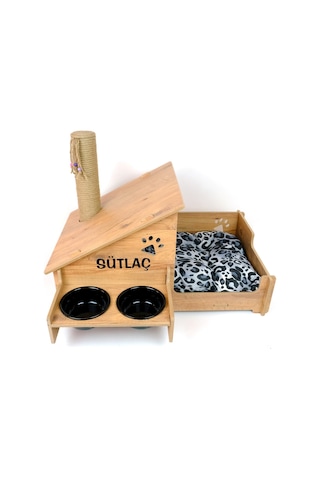 Realwood Ahşap Seramik Kaseli Tırmalama Çubuklu Açık Kapalı Kedi Evi