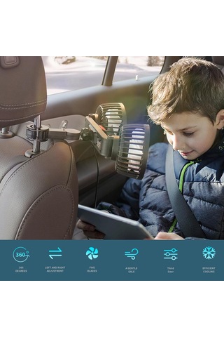 Hallow K22833 Usb Çift Kafalı Araç Arka Koltuk Vantilatörü Fanı Siyah