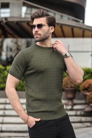 Madmext Haki Bisiklet Yaka Triko Erkek Tişört E7468 Haki