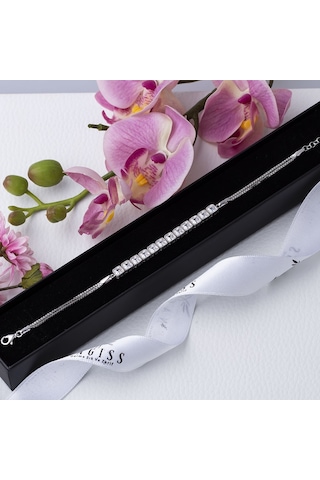 Kare Zirkon Taşlı Yarım Tur Model 925 Ayar Gümüş Kadın Bileklik Gümüş