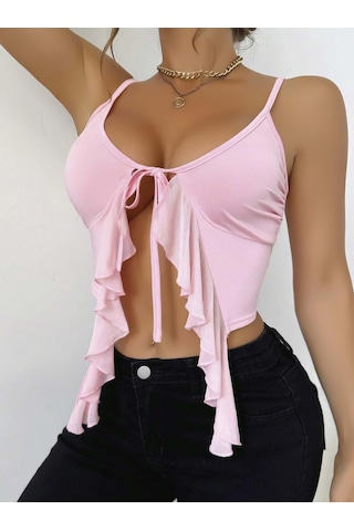 Fantezia Kadın Pembe Crop Askılı Önden Bağlama Fırfır Detaylı 5090