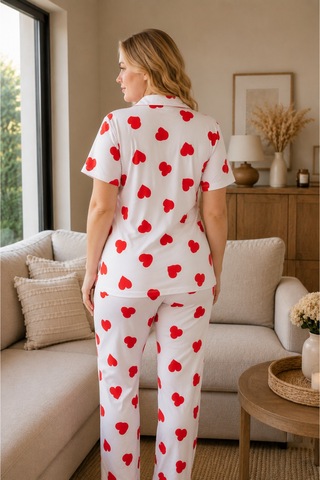 Rindahomewear Büyük Beden Kalp Desenli Milan Düğmeli Pijama Takımı Beyaz
