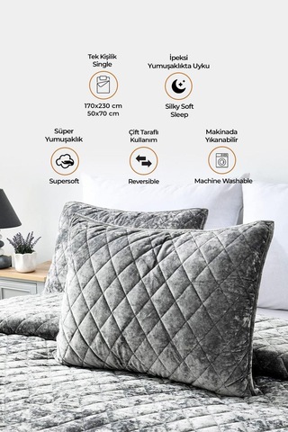 Evlen Home Kapitone Kadife Yatak Örtüsü Seti Tek Kişilik Supersoft 2 Parça Yumuşak Elyaf Dolgulu