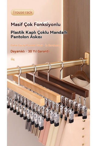 10 Klips Ve Tek Sıra İç Çamaşırı Ve Çorap Klipslerinin Sorunsuz Bir Şekilde Saklanabildiği Çok İşlevli, Masif Ahşap Çoklu Klipsli Askı Sarı