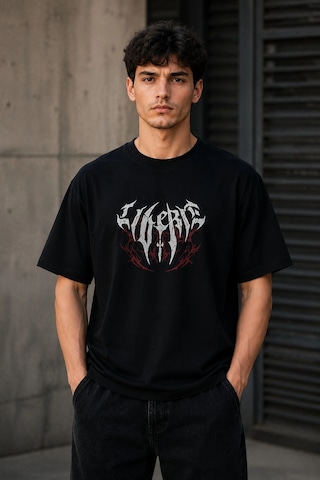 Novalisse Erkek Gotik Yazı Baskılı Oversize Bisiklet Yaka T-shirt - Siyah Çoklu Renk