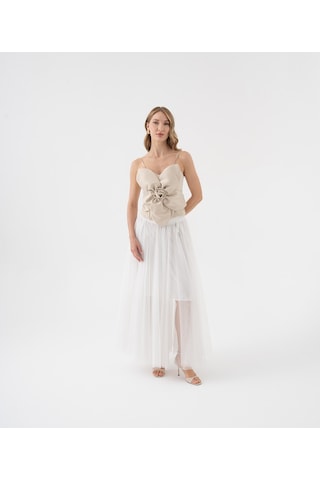 Tül Katmanlı Uzun Şifon Etek Ekru