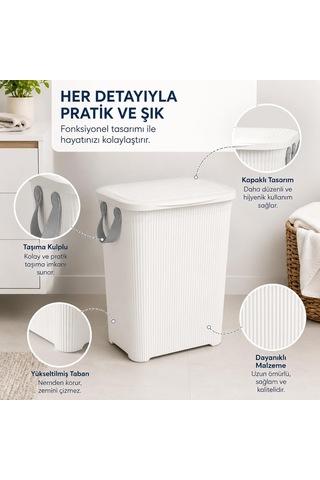 45 L Kapaklı Kirli Çamaşır Sepeti Modern Çizgili Tasarım Taşıma Kulplu Dayanıklı Plastik Banyo, Çamaşır Odası Ve Yatak Odası İçin 40 X 34 X 47 Cm, Beyaz Çok Renkli