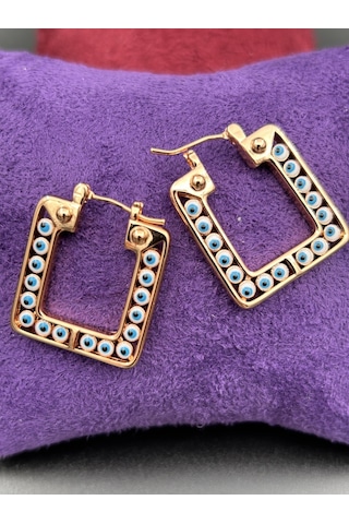 Çelik Suya Dayanaklı Kadın Kare 3cm Mavi Nazar Boncuklu Rose Gold Küpe Rose Gold