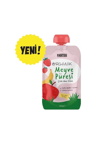 Organik Meyve Püresi Çilek Muz Elma 100 G x 6 Adet - İlave Şekersiz Bebek Ek Gıda