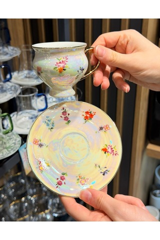 6 Kişilik Sedefli Vintage Çiçek Kahve Fincan Takımı -5696 Çok Renkli