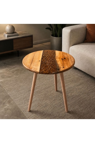 Modern Ahşap & Epoksi Detaylı Yuvarlak Kahve Sehpası 40 Cm Çap, 52 Cm Yükseklik Aletsiz Kolay Kurulum Bej