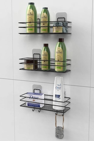 Siyah Yapışkanlı 3'lü Banyo Ve Mutfak Rafı 2 Adet Raf Ve Kancalı Raf Banyo Ve Mutfak Düzenleyici Siyah