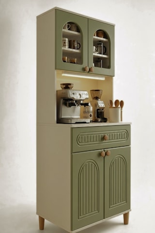 Barista Led Aydınlatmalı Kahve Köşesi Dolabı Retro Büfe 195cm Mdf Yeşil