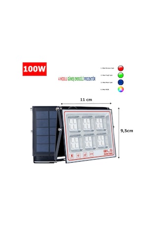 100 Solar 5 Modlu Güneş Enerjili Led Projektör Mavi Yeşil Kırmızı Ve Rgb Renk Aydınlatma 1 Adet