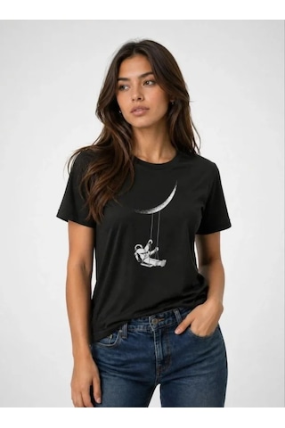 Efnaz Style Astronot Ay Temalı Tişört Kısa Kol Yazlık Bisiklet Yaka T-shirt - Siyah