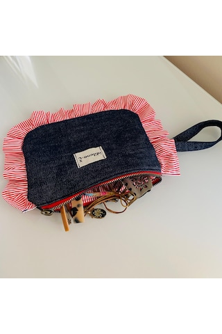 İdiluna Kırmızı Fırfırlı, Kulplu Lacivert Denim Makyaj Çantası / Clutch Lacivert - Kırmızı