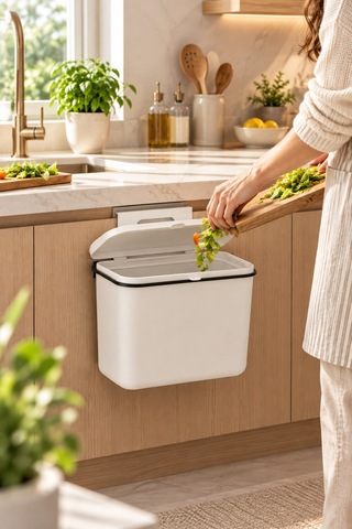 8 Litre Kapaklı Mutfak Çöp Kovası Beyaz Dolap Kapaklı Asılabilir Çöp Kutusu