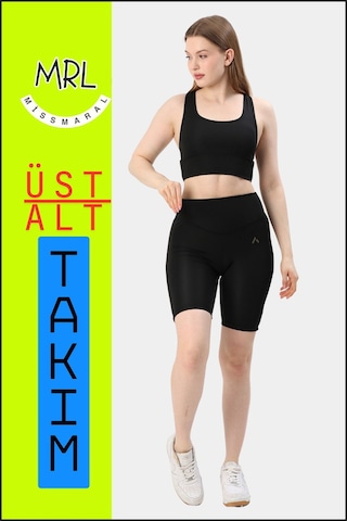 Kadın Siyah Takım Alt-üst Kısa Şort-tayt Ve Pedli Sporcu Büstiyer 2li Set Haki Renk Biyeli Elt3043 Siyah Haki