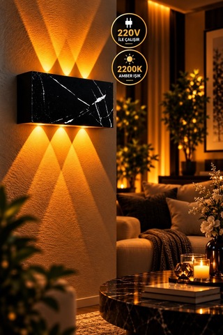 Siyah Beyaz Mermer Desenli 12w 2200k Amber Işıklı 3 Gözlü Yukarı Aşağı Dekoratif Duvar Apliği 16 Cm Amber Işık