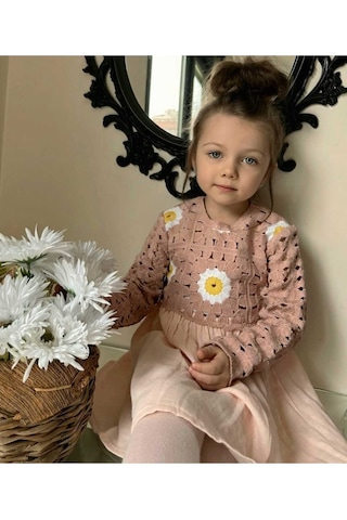 Kız Çocuk Çiçek Desenli Kroşe Müslin Pamuklu Prenses Hediye Doğum Günü Şık Elbise Pembe