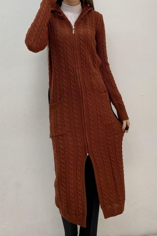 Onno Style Women Uzun Kapşonlu Saç Örgü Hırka Kiremit