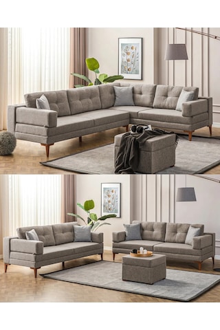 Zeri Yataklı Puzzle Modüler Köşe Koltuk Takımı & Puflu Köşe Takımı - Sütlü Kahve-151 Sütlü Kahve