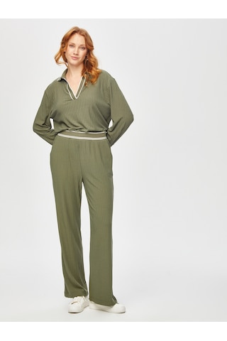 Faik Sönmez Relax Çizgili Ribana Detaylı Wide Leg Örme Pantolon 69767 U6976754 Haki