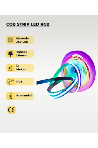 12v Cob Şerit Led Rgb - Kumandalı - Metrede 360 Led - 5 Metre 5 METRE