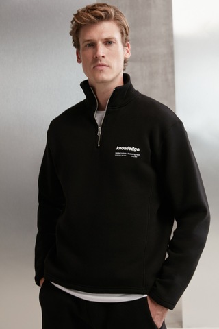 Grımelange Halden Erkek Içi Polarlı Dik Yaka Yarım Fermuarlı Baskı Detaylı Regular Siyah Sweatshirt