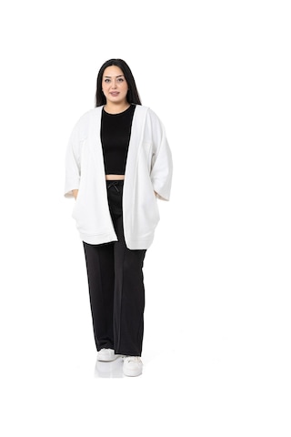 Disentis Büyük Beden Truvakar Kollu Oversize Cepli Üç İplik Beyaz Hırka-beyaz Beyaz