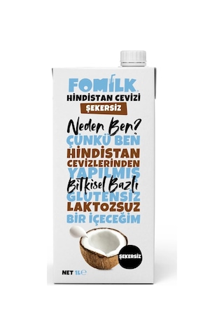 Hindistan Cevizi Sütü Glutensiz Bitkisel Bazlı Laktozsuz Vegan Şekersiz 1 L