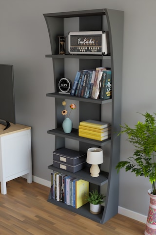 İskandinav Tasarım Çok Raflı Kitaplık 150x50x22 Cm Modern Dekoratif Raf Ünitesi Antrasit