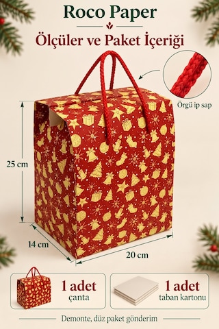 Yılbaşı Masal Temalı Hediye Çantası - 1 Adet, 20x14x25 Cm, Yeniyıl Tasarımlı Karton Hediye Poşeti