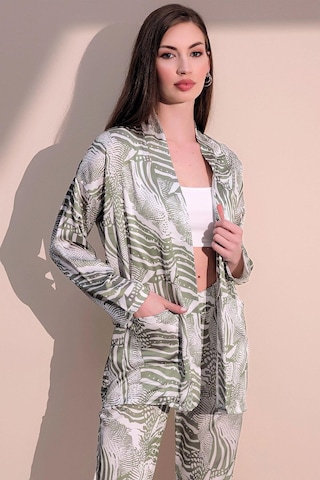 Kadın Haki Safari Desen Yeni Moda Saten Çift Cepli Salaş Kimono Ceket - Tesettüre Uygun Haki