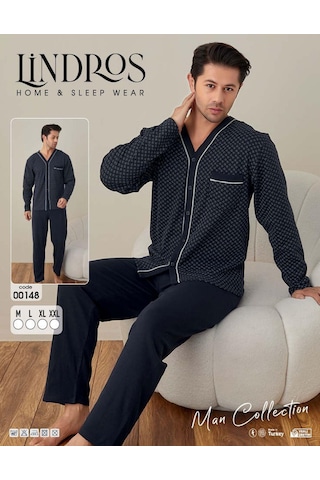 Lindros Erkek Gömlek Yaka İnterlok Uzun Kol Pijama Takımı 00148 - 1 Adet 001