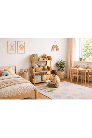Pureza Ahşap Çocuk Kitaplık & Oyuncak Rafı 3 Katlı Çok Amaçlı Düzenleyici 60x80 CM Meşe