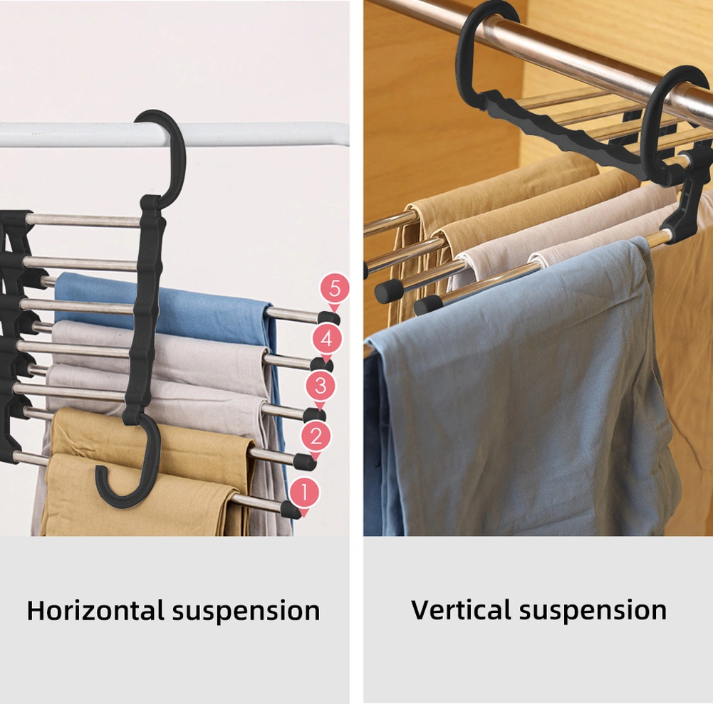 Moveevo Stoksel Paslanmaz Çelik 5 Katlı Çekilebilir Pantolon Asıcı, Kayma Engeli, 360 Derece Döner Kanca, 2 Adet Siyah Ev Giyim Organizatörü Siyah