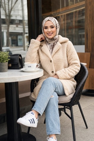 Hb Harma Time Butik Kadın Astarlı Düğmeli Kruvaze Bej Peluş Kaban