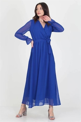Dip Moda Kadın Kuşaklı Astarlı Uzun Şifon Elbise Dpnb003 Saks