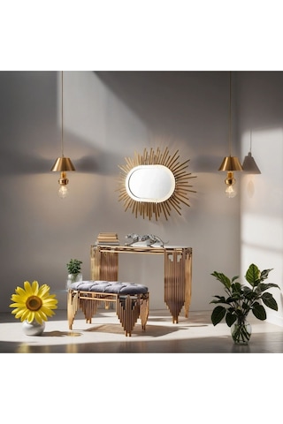 Ekgconcept Piyano Model Lüx Dresuar Gold Elips Ayna Ve Puf Gold