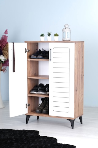 Luna 2 Kapaklı 4 Bölmeli Modern Ayakkabılık - Beyaz / Çam Desenli