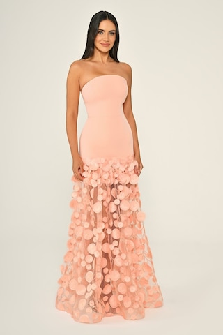 Krep Eteği 3 Boyutlu Tül Uzun Abiye Elbise Alfa Beta B7067 Somon