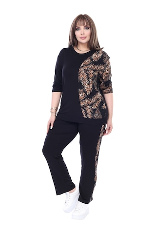 Melsay Butik Siyah Truvakar Kol Yarım Başak Garnili Viskon Büyük Beden Takım Siyah