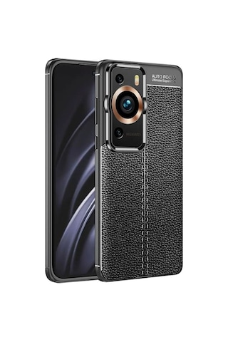 Huawei P60 Pro Kamera Korumalı Deri Görünümlü Dikiş Desenli Koruyucu Niss Kapak Siyah