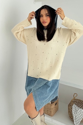 Femelle Kadın Kot Detaylı Kapüşonlu Tasarım Triko Elbise Bej