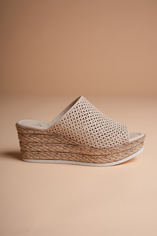 Analin Shoes Kadın Hakiki Deri Delikli Dolgu Topuk Terlik Bej