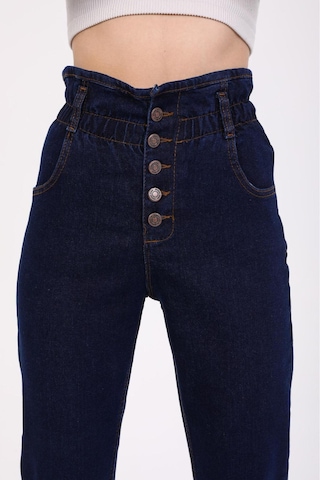 Kene Jeans Kadın Lacivert Patlet Düğmeli Kemer Büzgülü Mom Kot Pantolon Lacivert
